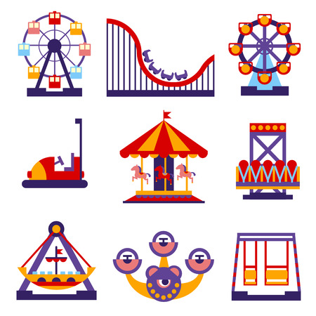 Set of vector flat design amusement park and merry-go-round iconsのイラスト素材