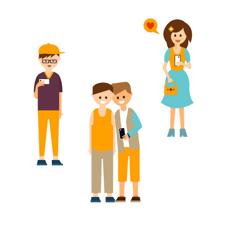 Set of modern young men and women social activity in flat style, vector illustration setのイラスト素材