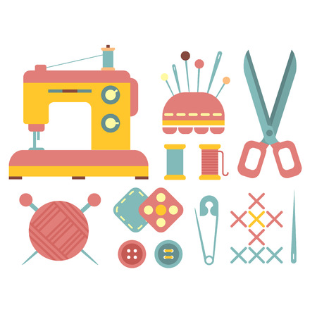 Set of accessories for sewing and handmade paper card with dressmaking accessories. My hobby - letteringのイラスト素材