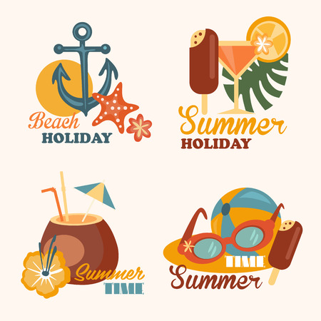 Set of flat design concept illustrations and elements with icons of summer holiday and vacation, flat styleのイラスト素材