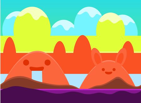 Game background and imaginary landscapes in bright colors, illustrationのイラスト素材