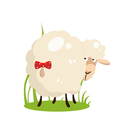 White cute cartoon ship looking back with a red bow on tail. Flat design vector illustrationのイラスト素材