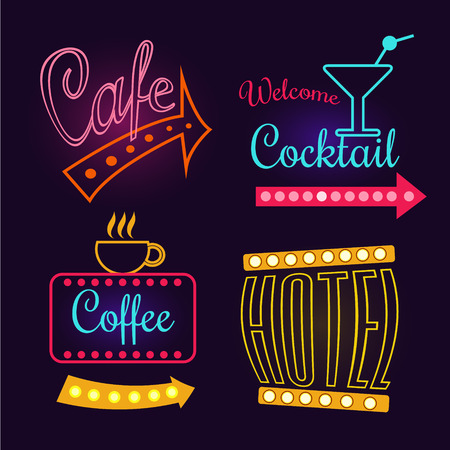 Set of glowing Neon signs of hotel, cafe and cocktail. Vector illustration setのイラスト素材