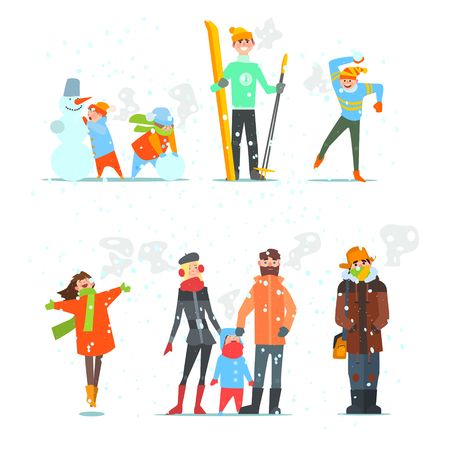 People in Winter and Winter Activities. Vector Illustration Set.のイラスト素材