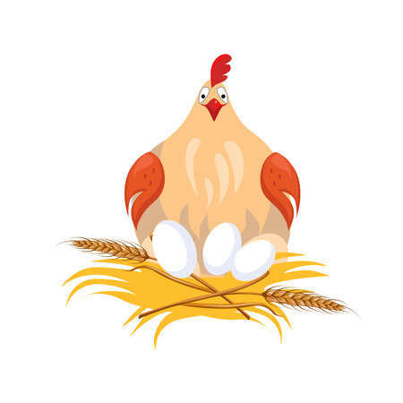 Hen in Nest Sitting on Eggs. Cartoon Vector Illustrationのイラスト素材