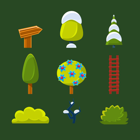 Elements for landscape Trees, Bushes and Sign, Vector Illustration Collectionのイラスト素材