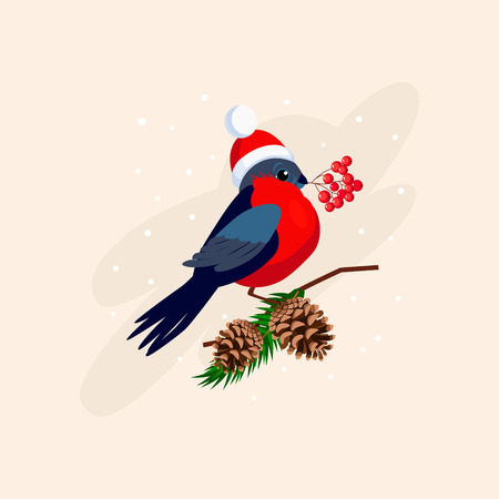 Bullfinch wearing a Hat holding berries on Branch with Cones. Vector Illustrationのイラスト素材
