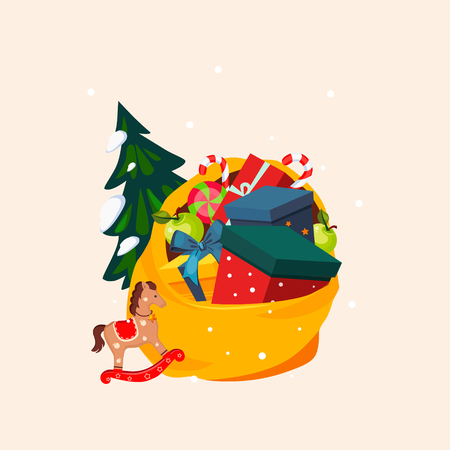 Toy Bag Full of Gifts and Christmas Tree. Holiday Vector Illustrationのイラスト素材