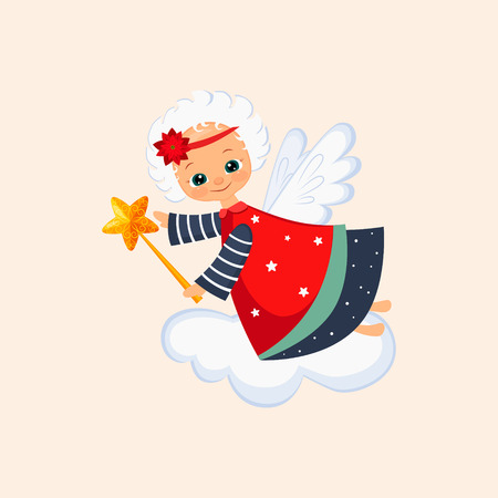 Christmas Angel Flying with a Magic Wand. Winter Vector Illustrationのイラスト素材