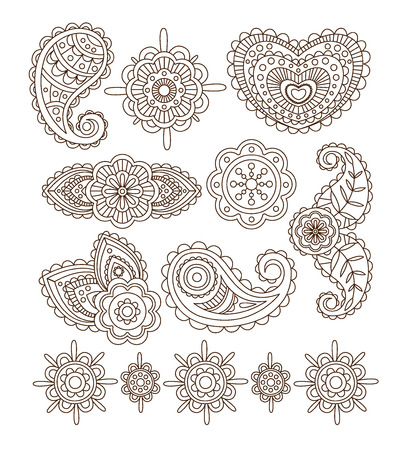 Indian Floral Ornaments, Mandala, Henna. Linear Vector Illustration Setのイラスト素材