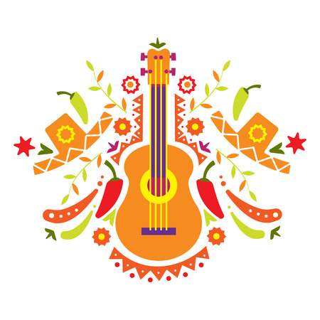 Mexia, guitar and various elements of food , flowers around vector illustration flat styleのイラスト素材