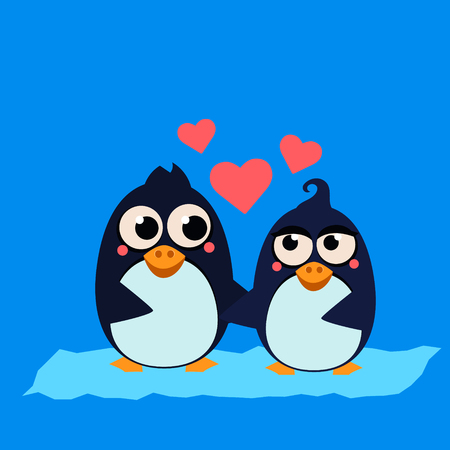 Cute Penguin Couple in Love with Hearts. Vector Illustrationのイラスト素材