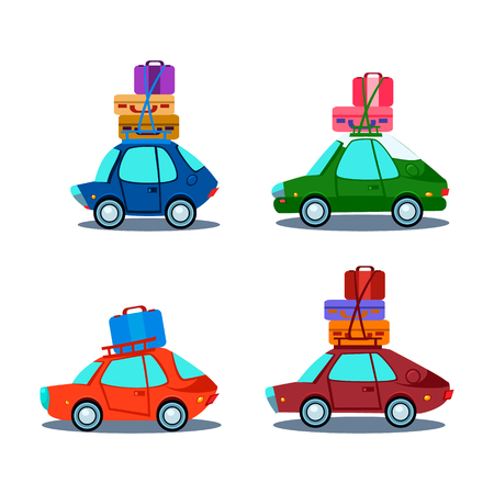 Car Side View With Heap Of Luggage, Flat Vector Illustrationのイラスト素材