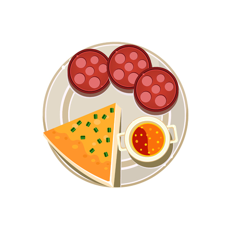 Pizza, Sausage and Soup Served Food. Colourful Vector Illustrationのイラスト素材
