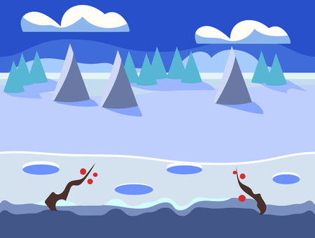 Seamless cartoon nature landscape, unending background with soil, trees, mountains and cloudy sky layers vector illustrationのイラスト素材