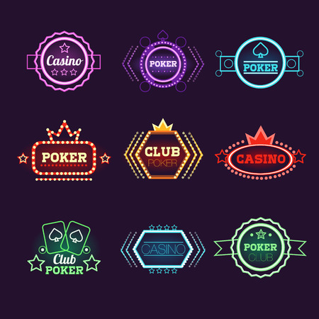 Neon Light Poker Club and Casino Emblems Vector Setのイラスト素材
