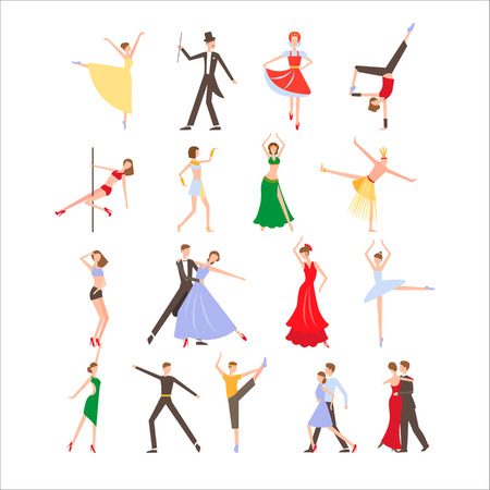 Dance festival, different dance styles, flat icon set isolated illustrationのイラスト素材