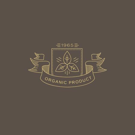 Vector label in trendy mono line style organic and natural badges for fresh farm products and food packaging of linear emblems and iconsのイラスト素材