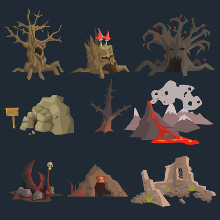 Swamp, Tree and Cave Game Vector Setのイラスト素材