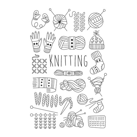 Knitting. Black and White Vector Hand drawn Collection.のイラスト素材