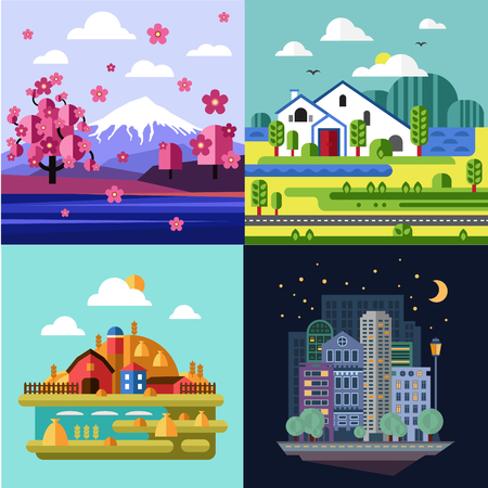 City and Village and Nature Landscape Vector Illustration Setのイラスト素材