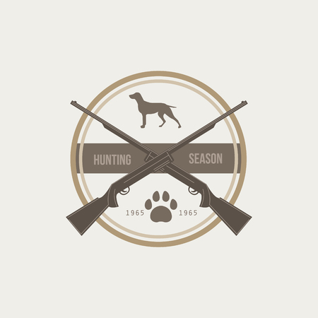 Hunting Vintage Vector Emblem with Guns and Dog Icons and Badges. Vector Illustrationのイラスト素材