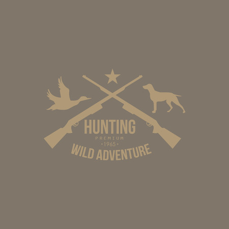 Hunting Vintage Vector Emblem with Guns and Dog Icons and Badges. Vector Illustrationのイラスト素材