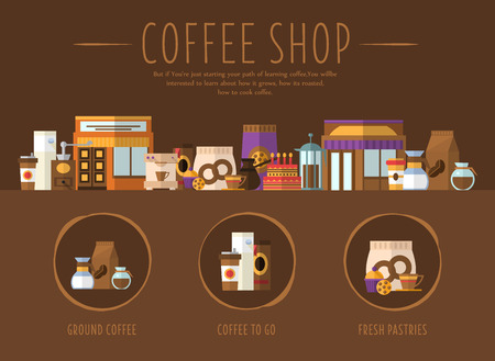 Coffee Shop. Design for the web site, first page Flat Vector Illustrationのイラスト素材