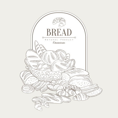 Bread. Hand drawn Vector Illustration Banner, Organic food sketch background. Vector frame designのイラスト素材