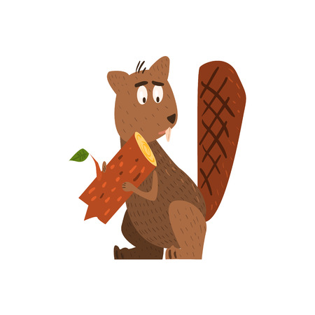 Beaver Holding A Log Flat Cartoon Stylized Vector Illustrationのイラスト素材