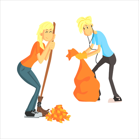 Guy And Girl Picking Leaves Cute Cartoon Style Flat Vector Illustration On White Backgroundのイラスト素材