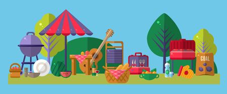 Picnic Outside Objects Collection  Lined Horisontally Flat Vector Ilustration On Light Blue Backgroundのイラスト素材