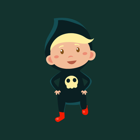 Boy In Jumpsuit With Skull Haloween Disguise Funny Flat Vector Illustration On Dark Backgroundのイラスト素材