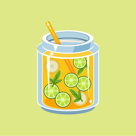 Jar Of Lemonade With Straw Isolted Flat Vector Item On Light Yellow Backgroundのイラスト素材