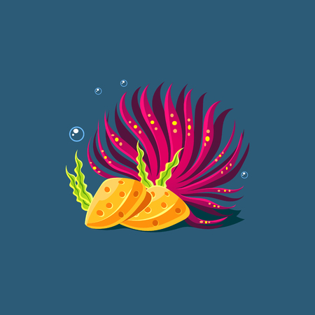 Purple Algae And Rocks Cute Cartoon Style Vector Illustration On Dark Blue Backgroundのイラスト素材