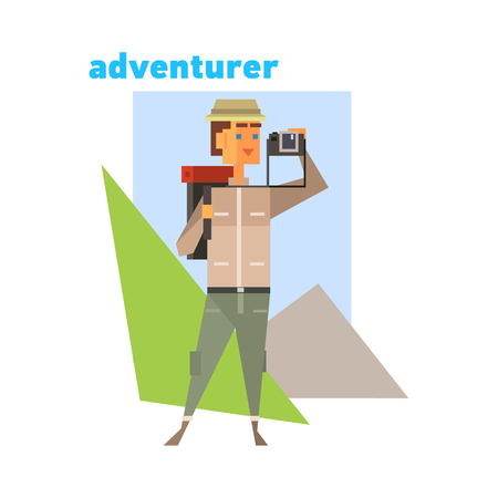 Adventurer With Camera Abstract Figure Flat Vector Illustration With Textのイラスト素材