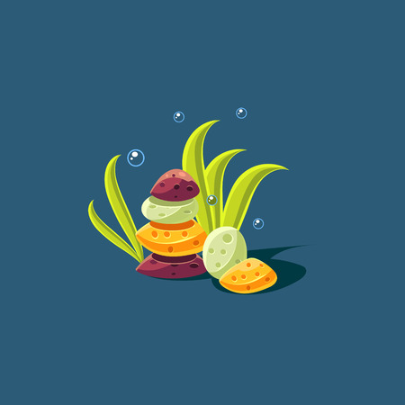 Seagrass And Rock Pile Cute Cartoon Style Vector Illustration On Dark Blue Backgroundのイラスト素材