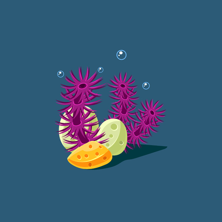 Coral And Polyp Cute Cartoon Style Vector Illustration On Dark Blue Backgroundのイラスト素材