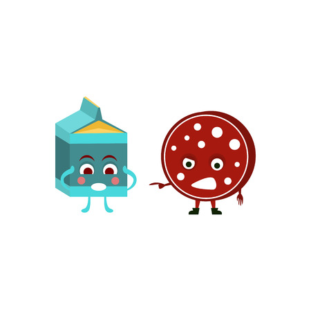 Humanized Sausage And Milk Funny  Flat Vector Illustration In Cartoon Style Isolated On White Backgroundのイラスト素材