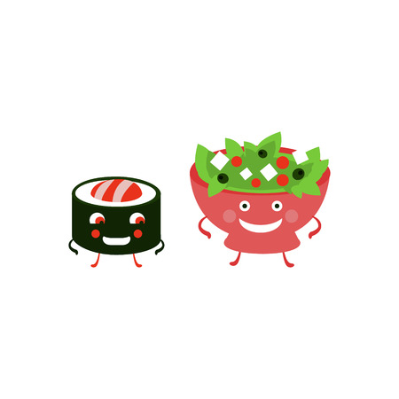 Humanized Roll And Salad Funny  Flat Vector Illustration In Cartoon Style Isolated On White Backgroundのイラスト素材