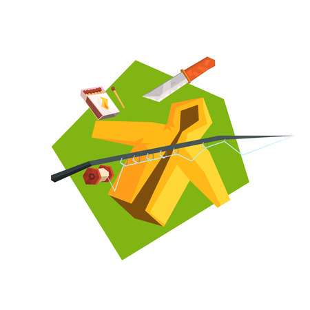 Set Of Items For Camping Flat Colorful Vector Illustration In Primitive Geometric Style Isolated On White Backgroundのイラスト素材