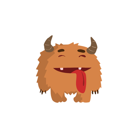 Furry Childish Monster With Horns Flat Cartoon Style Isolated Vector Design Print On White Backgroundのイラスト素材