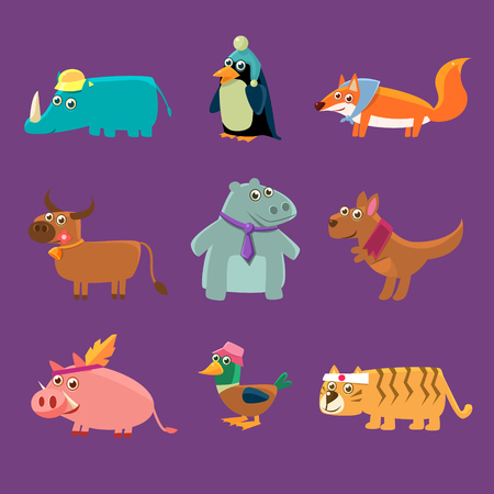 Adorable Animals Collection Of Flat Vector Cartoon Style Isolated Cute Girly Drawings On Purple Backgroundのイラスト素材