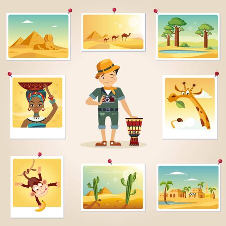 Africa Photographer Surrounded By Photos Cute flat Cartoon Style Vector Design Illustrationのイラスト素材