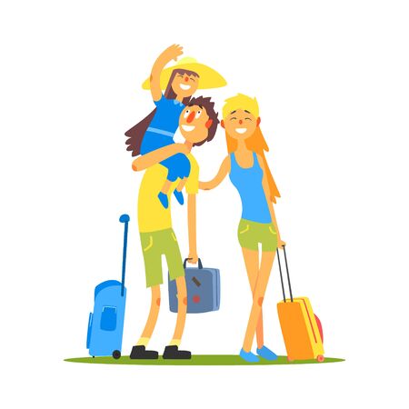 Family Of Three Travelers Primitive Flat Vector  Drawing In Simple Cartoon Style On White Backgroundのイラスト素材