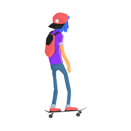 Male Teenage Skateboarder From The Back Cartoon Style Flat Vector Image Isolated On White Backgroundのイラスト素材