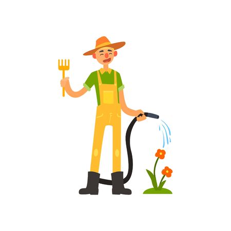 Profession Gardener Primitive Cartoon Style Isolated Flat Vector Illustration On White Backgroundのイラスト素材