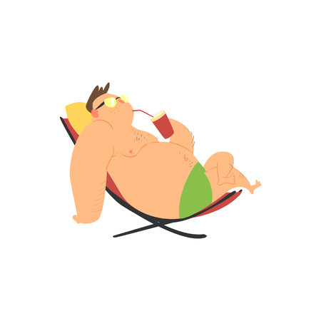 Fat Guy On The Sunbed Flat Vector Cartoon Style Funny Illustration On White Backgroundのイラスト素材