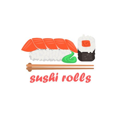 Sushi Rolls Cartoon Style Flat Vector Illustration On White Background With Textのイラスト素材