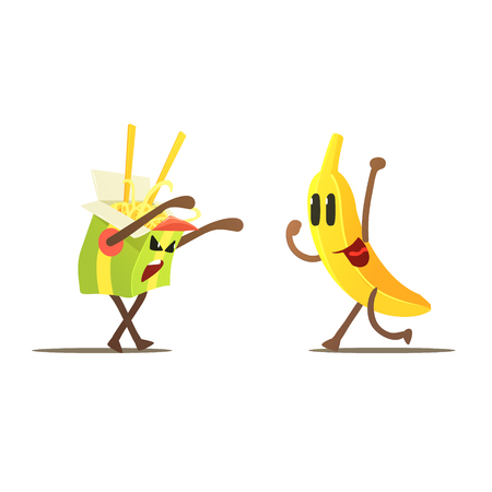 Noodles Against Banana Cartoon Fight Flat Vector Funny Illustration In Childish Style On White Backgroundのイラスト素材
